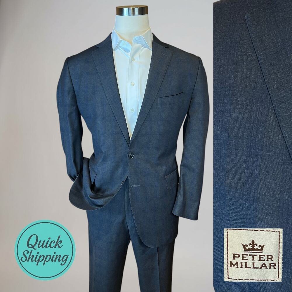 Peter Millar Canada 42R 38x30 Gray Royal Blue Plaid Quality Suit